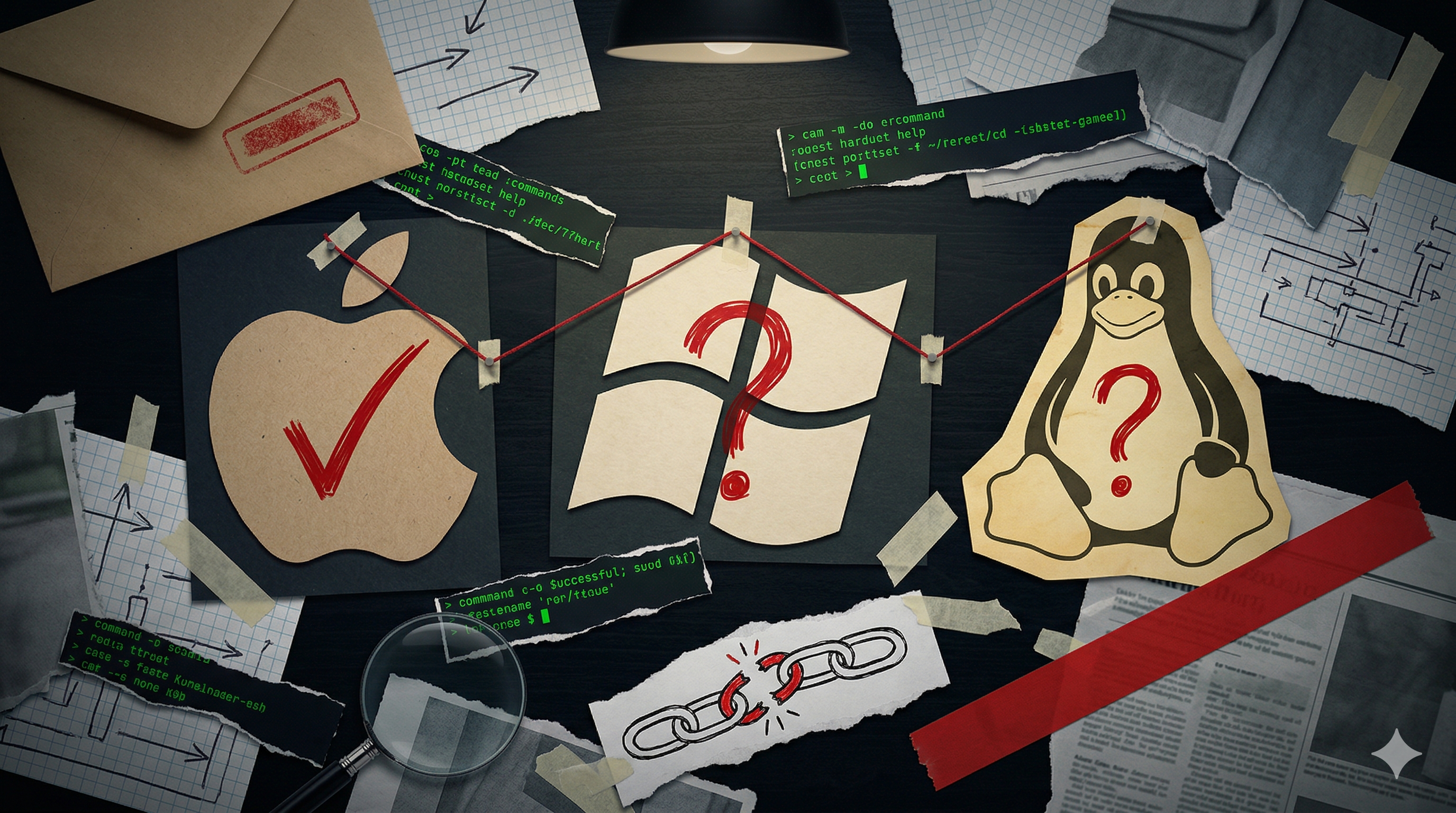 Dadaist collage on a dark desk — Apple logo with a red checkmark, Windows and Linux logos with red question marks, connected by red string, surrounded by torn code fragments and a broken chain link