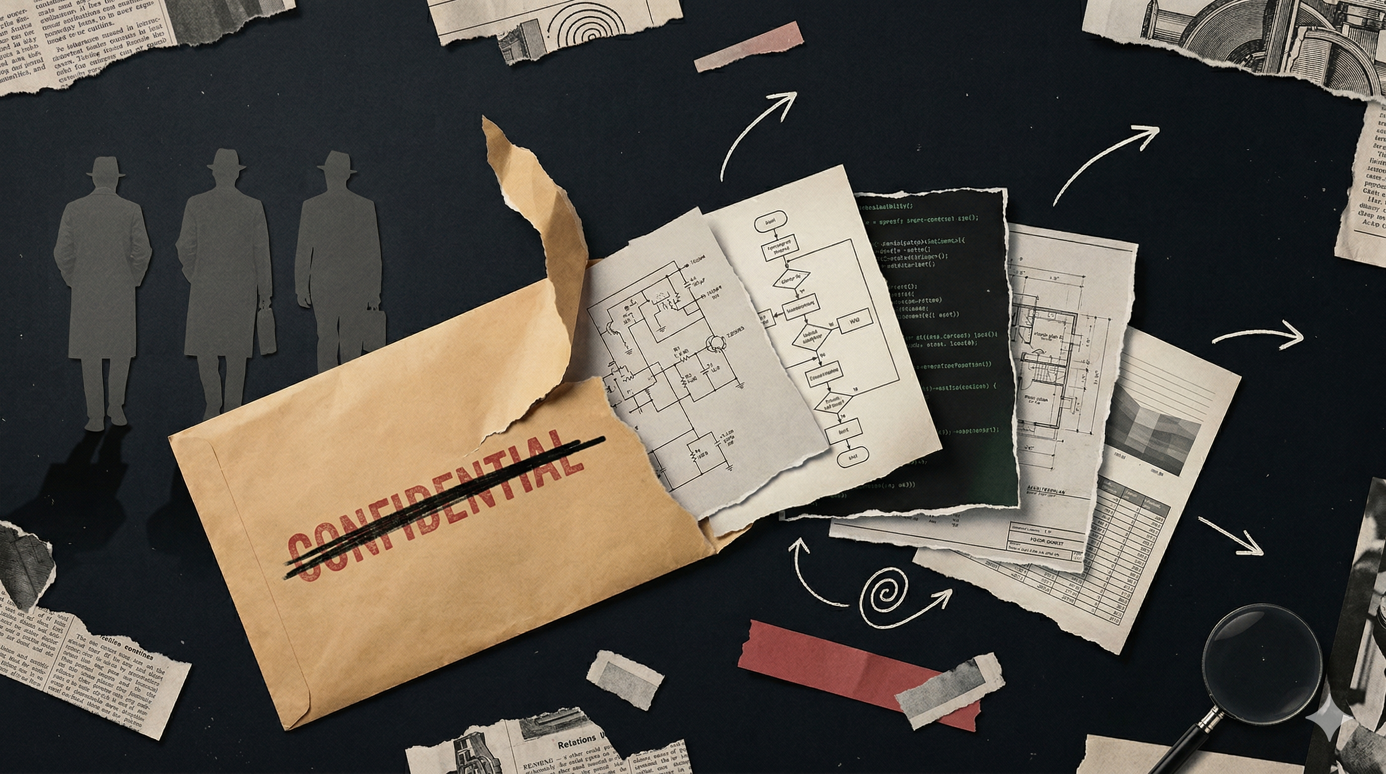 CONFIDENTIAL envelope with schematics and documents — source code leak illustration