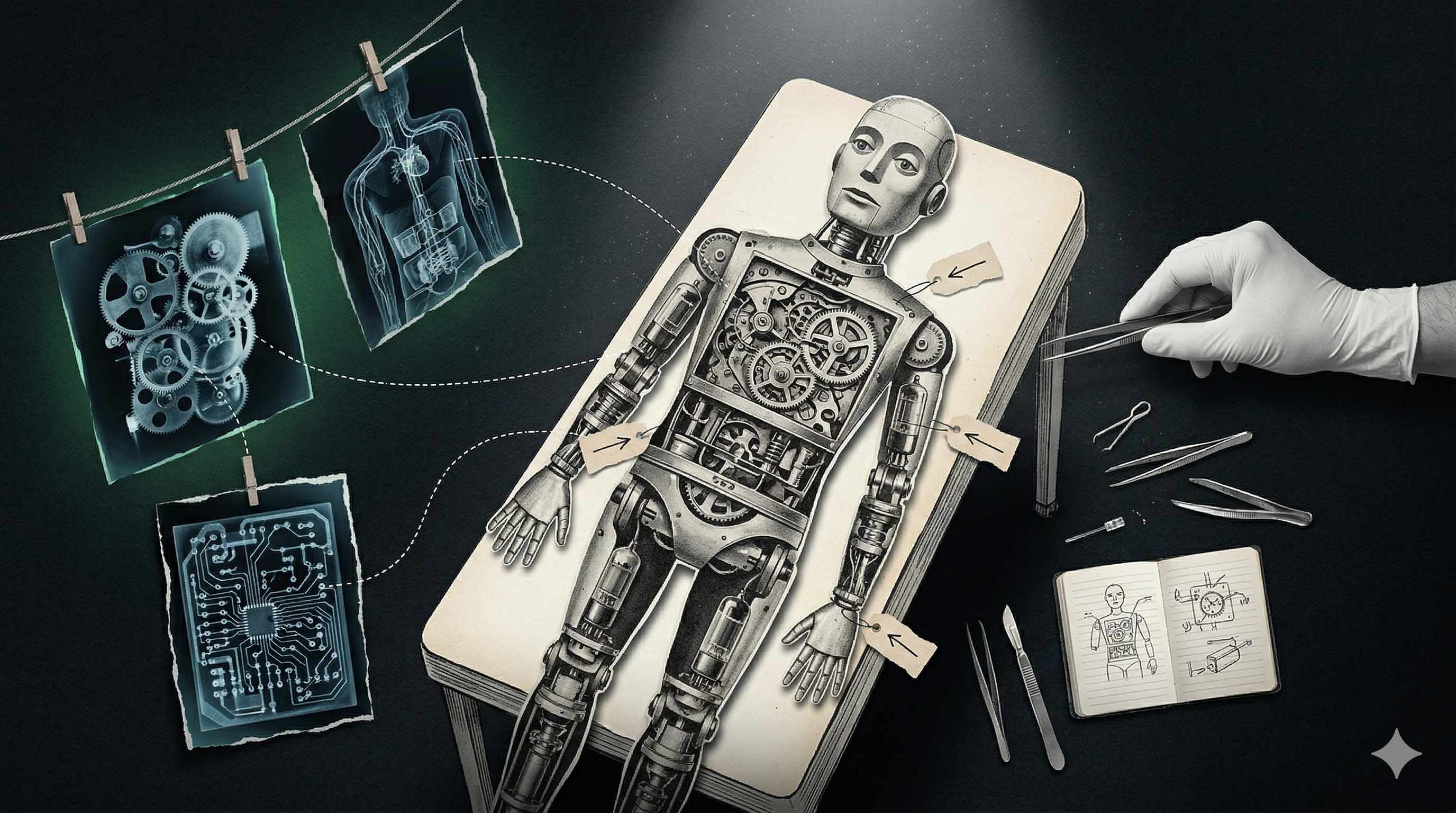 Robot on a table dissected — illustrating data extraction from source code
