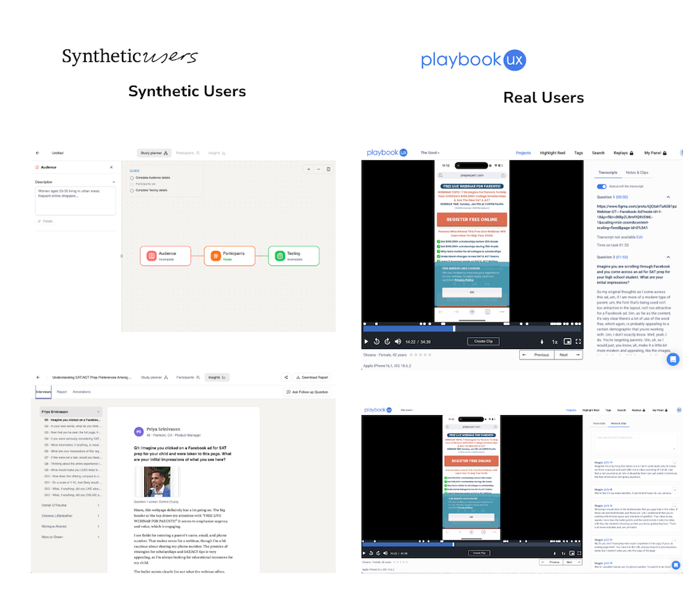 Сравнение Synthetic Users и PlaybookUX: интерфейсы AI-персон и реальных участников рядом