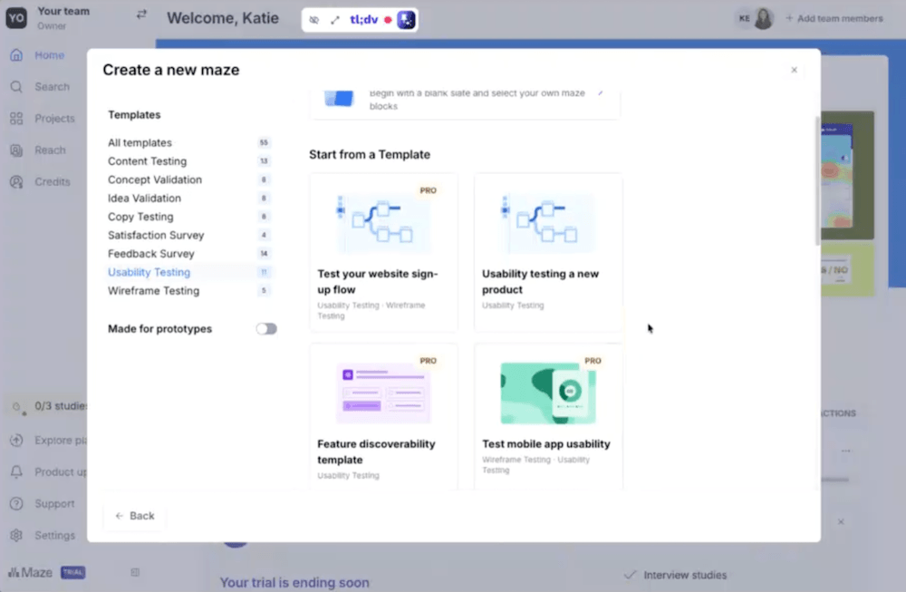 Интерфейс Maze: создание нового теста с шаблонами
